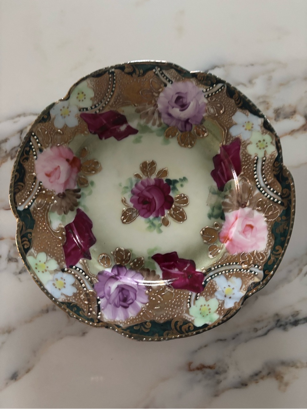 Decorative Porcelain Bowl with Pink, Purple and Gold Floral Design